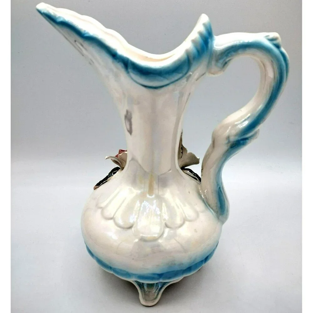 Lusterware Pitcher Vase with Flower Accents and Handle 8 Inches Vintage